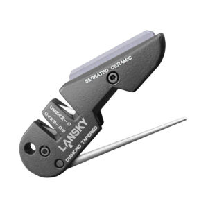 The Lansky BladeMedic pocket knife sharpener open to reveal tungsten carbide, ceramic rods, tapered diamond rod and serrated knife sharpener.