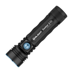 Olight Seeker 3 Pro Flashlight Black. An ultra powerful torch shown from the side on white background.