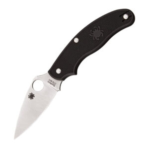 The Spyderco UKPK knife opened to showcase the leaf-shaped stainless steel blade and black FRN handle.