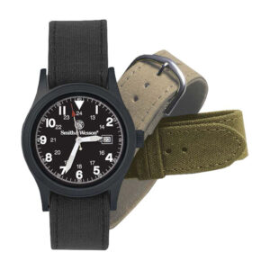 Smith & Wesson Military Watch. Comes with alternative canvas bands. Shown on white.