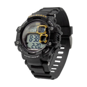 Uzi Shock Digital Watch. Rugged and imposing. Shown on white background from the front.