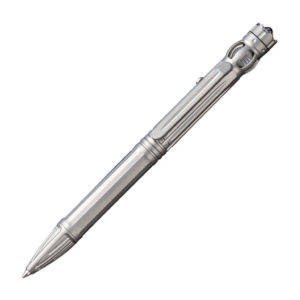 We Knife Co. Baculus Spinner Titanium Pen in silver shown from the side.