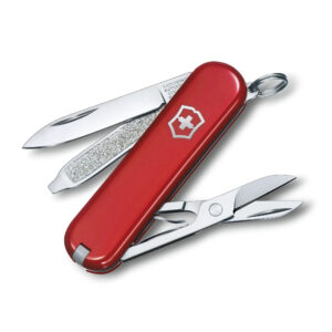 Victorinox Classic SD shown with all tools open on a white background. Shows off the classic Victorinox Swiss army knife logo.