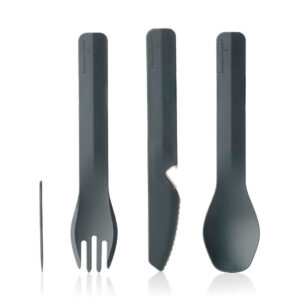GoBites Grey Cutlery Trio set shown from the front on a white background including a knife, fork, spoon and toothpick.