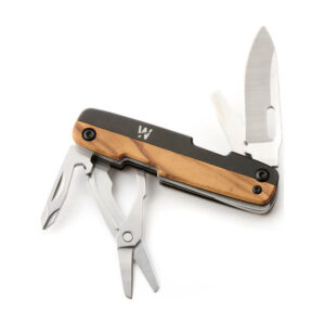Whitby Kent EDC Multitool shown with all tools open and it's Olive wood handle scales. Multiple other versions available.