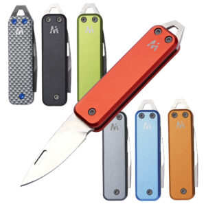 Whitby Sprint EDC Pocket Knife showing a main image of the red sprint knife on top of smaller pictures of each of the colour variations including, orange, blue, grey, dark grey, green and carbon effect.