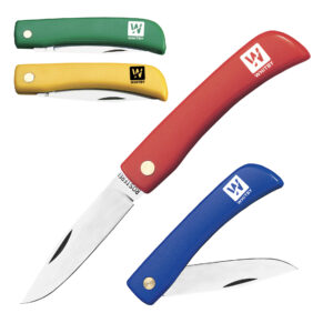 Photo showing the Whitby EDC Pocket Knife. Photo displays 4 knives, one of each colour, yellow, blue, red and green. Shown open, closed and part open on a white background.