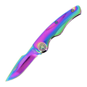 Albainox Rainbow EDC Knife shown open with harpoon blade point style on a white background.