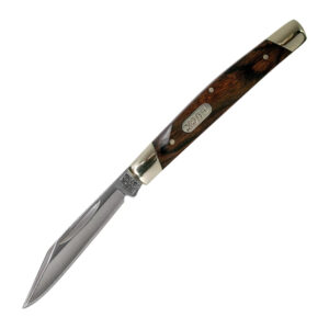 Buck Solo Pocket Knife shown open on a white background. Image shows it's thin clip point blade and attractive brown wooden handle.