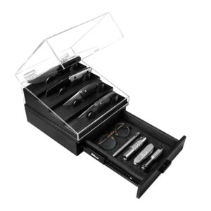 Black Model: Holme and Hadfield Blade Deck shown open on white background with 4x knives on display. Includes hinged lid and large drawer.