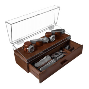 Holme & Hadfield: The Combo Deck shown with hinged lid and drawer open on a white background. Holds 2x knives and 2x watches.