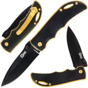 Golan gold everyday carry pocket knife. Shown open and closed with golden accents, matching pocket clip and lanyard hole.