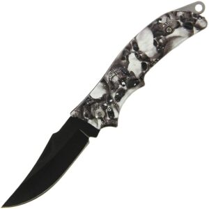 Camo Skull EDC Knife shown with blade open with it's black finish and skull camo themed handle.
