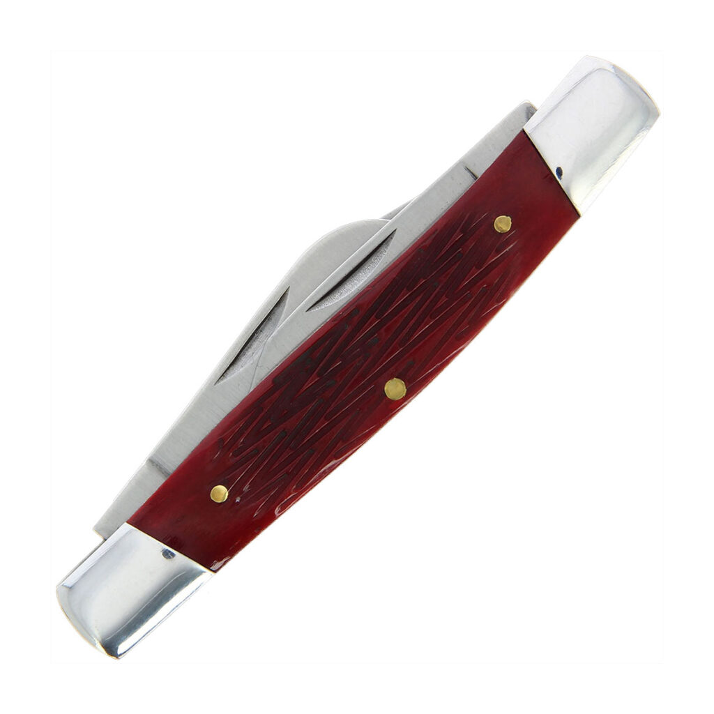 Elk Ridge Stockman Gentleman's Knife shown closed with faux jigged bone handle in red.