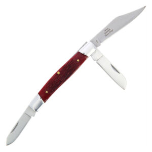 Elk Ridge Stockman Gentleman's Knife shown with all three blades open and red faux bone handle.