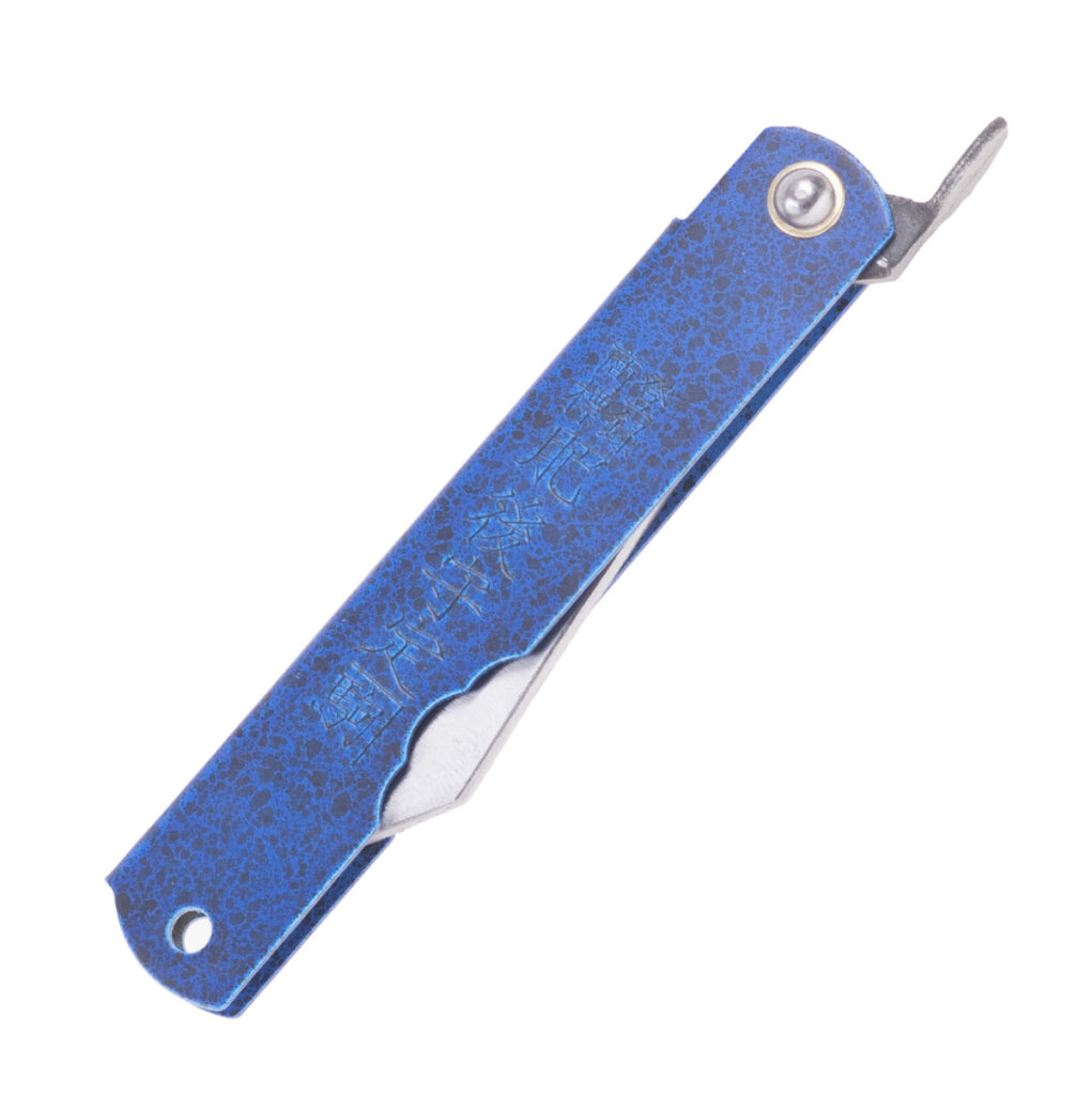 Higonokami No 8 pocket knife with blue paper steel blade shown closed with blue textured iron handle. 