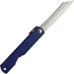 Higonokami No 8 Blue Folding Knife shown open with a blue textured handle.