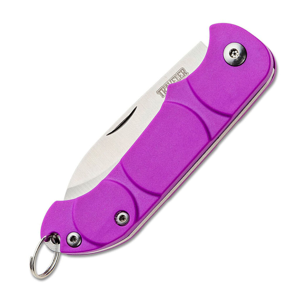 Ontario Traveller Purple Pocket Knife shown closed with textured purple handle.