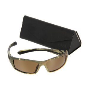 Camo coloured polarized UV protective sunglasses with free carry case.