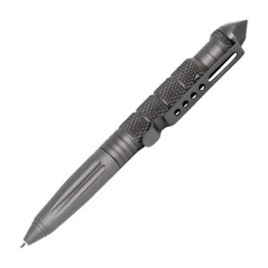 Black Tactical Pen with Glass breaker and aluminum body.