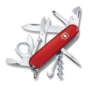 Victorinox Explorer shown with all tools open in red on a white background. One of the best swiss army knives.