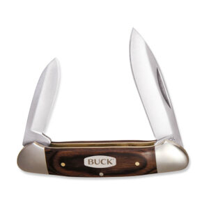 Buck Canoe pocket knife with dual blades shown open on a white background.