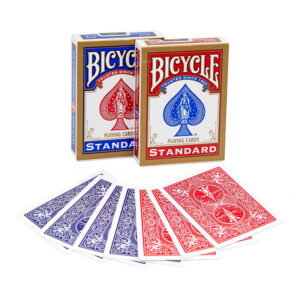 Bicycle Rider Back Playing Cards - shown with blue and red coloured with cards on a table with white background.
