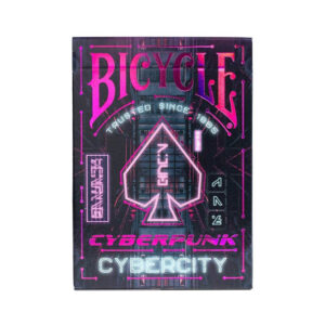 Cyberpunk Cards (Cyber City) shown from the front in their box with cyber themed neon style design on a white background.