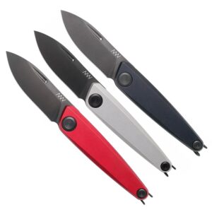 Acta Non Verba Z050 DLC Coated Knives with blades open showing all three handle colours on a white background.