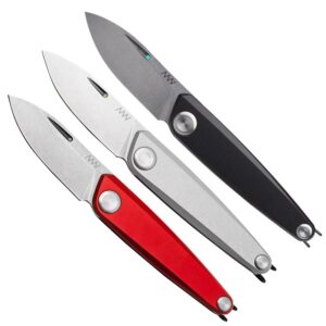 Acta Non Verba Z050 Stonewash Knife shown in it's three colour variations with stonewashed blades open on a white background.