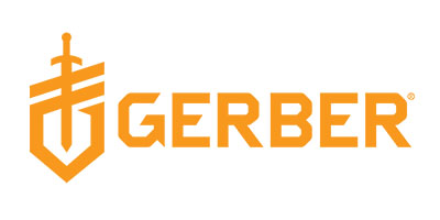 Gerber knives wordmark in orange with their sword and shield logo. 