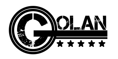 Golan Knives, bags and tools logo comprised of the big G from Golan with circles lines and stars. 