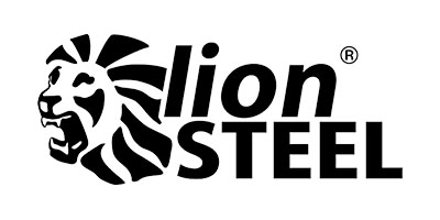 Lionsteel logo with the words merged into a lion head graphic. 
