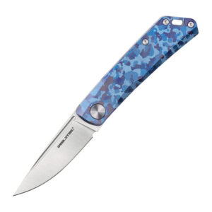 Real Steel Camo Blue Luna Knife shown with Bohler N690 Stainless Steel blade open wearing a high flat satin grind. Also shows the blue camo titanium handle scales and lanyard hole on a white background.