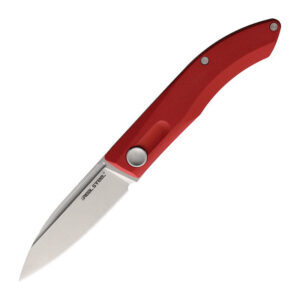 Real Steel Stella Red Slipjoint knife shown open with VG-10 stainless fully flat ground satin finished blade and red G10 handle on a white background.