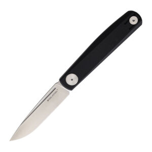 Real Steel GSlip Compact Knife shown with high satin VG-10 stainless steel blade open with black G10 handle and silver hardware on a white background.