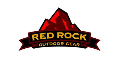 Red Rock Outdoor Logo with mountain range in background on white. 