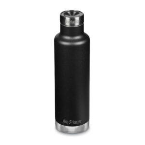 Klean Kanteen Thermal Flask made from recycled stainless steel with black finish and pour through lid on a white background.