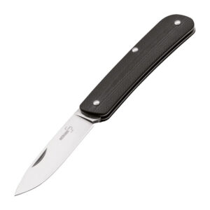 Boker Plus Tech Tool City 1 shown with open Sandvik 12C27 stainless steel blade with black G10 handle on a white background.