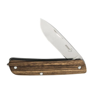 Boker Plus Zebra Wood Tech Tool 1 shown partially open on a white background. Displays the stainless steel blade and attractive zebra wood handle.