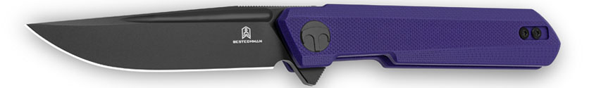Bestech Mini Dundee slipjoint knife with purple G10 handle and black coated D2 tool steel blade shown open and horizontal.