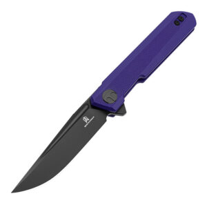 Bestech Mini Dundee Slipjoint Knife shown with purple handle and black coated blade open on a white background.